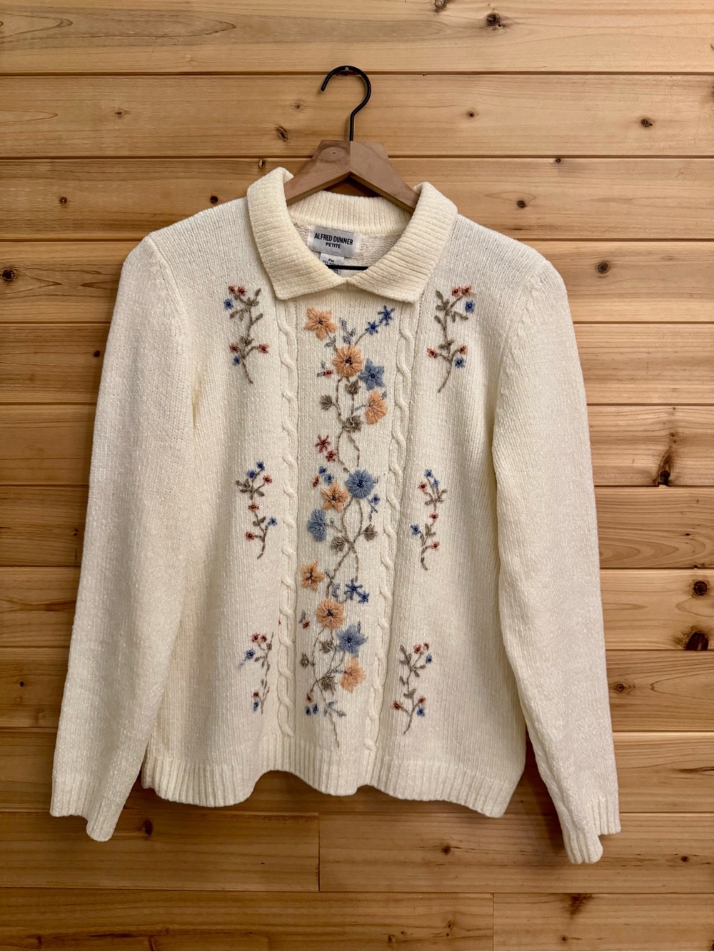Vintage Alfred Dunner Medium Cozy Floral Embroidered Collared Sweater Grandma